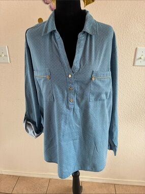 Anne Klein Blue Dot-Print Pullover Button Shirt